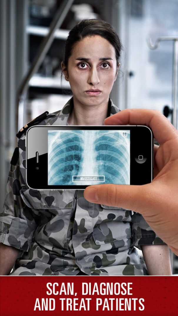 Mobile Medic campaign image showing a phone scanning a patient to reveal a chest X-ray.
