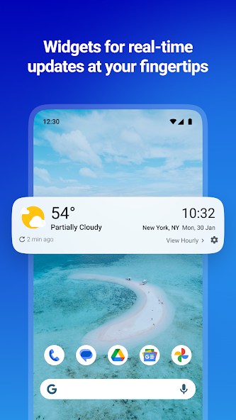 Current 1Weather home-screen widget showing temperature and conditions.