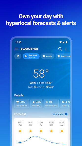 Current 1Weather forecast screen with temperature, conditions, and hourly outlook.