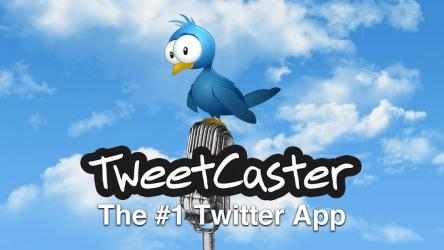 TweetCaster promotional image with its blue bird mascot above a microphone.