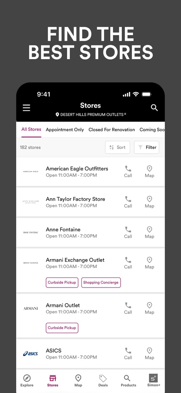 Current Simon app store directory for Desert Hills Premium Outlets.